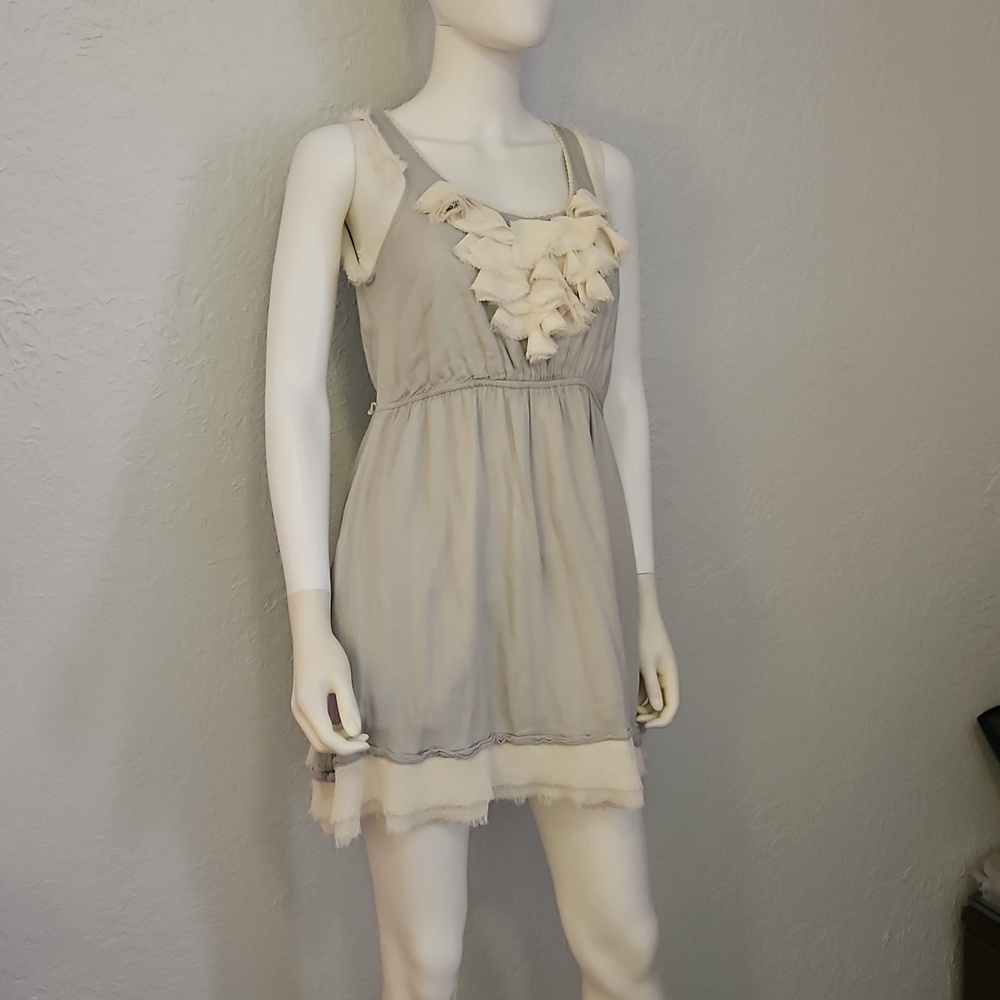 Vtg KLD Gray Ruffle Shabby Chic Distressed Sleeveless Mini Dress - Picture 2 of 8